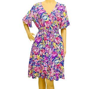 Pappagallo Dress Multicolor Ocean Deep Theme 3/4 Ruffles Sleeve Pullove Flare M